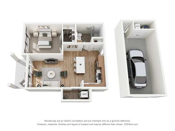 A 3D floor plan of a house with a kitchen, living room, and bedrooms.