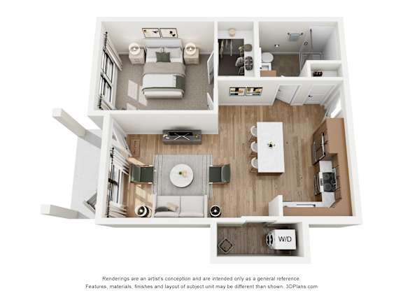 A 3D floor plan of a house with a kitchen, living room, and bathroom.