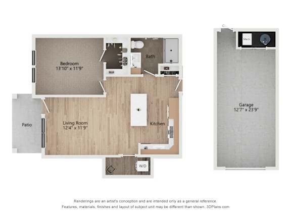 A floor plan of a house with a garage, living room, kitchen, and bathroom.