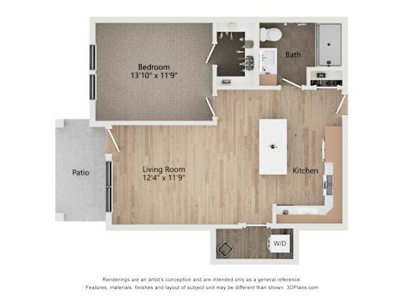 A floor plan of a house with a bedroom, living room, kitchen, bathroom, and patio.