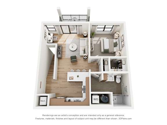 A 3D floor plan of a house with a kitchen, living room, and bathroom.