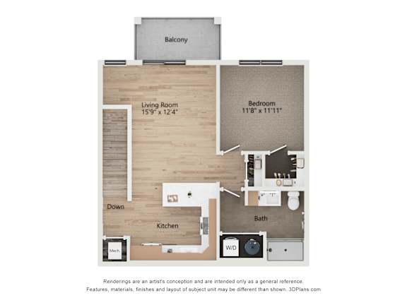 A floor plan of a small apartment with a living room, bedroom, kitchen, and bathroom.
