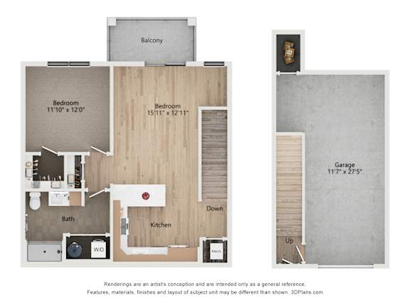 A floor plan of a house with two bedrooms, a bathroom, a kitchen, a garage, and a balcony.