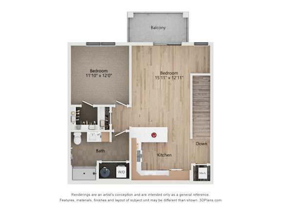 A floor plan of a house with a balcony, two bedrooms, a bathroom, a kitchen, and a den.