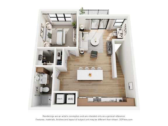 A 3D floor plan of a house with a kitchen, living room, and bathroom.