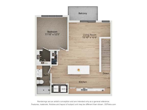 A floor plan of a small apartment with a bedroom, living room, kitchen, and bathroom.