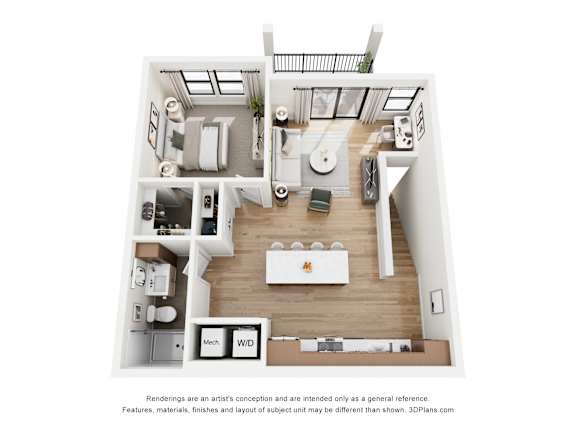 A 3D floor plan of a house with a kitchen, living room, and bathroom.