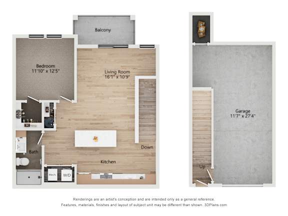 A floor plan of a house with a bedroom, living room, kitchen, bathroom, and garage.