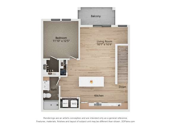 A 3D floor plan of a small apartment with a living room, bedroom, kitchen, and bathroom.