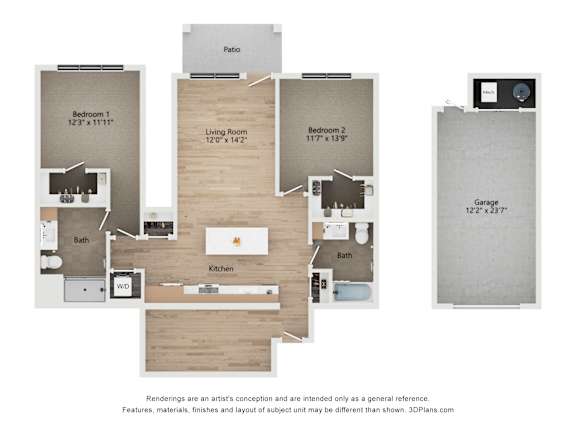 A 3D floor plan of a house with a living room, two bedrooms, a kitchen, a bathroom, a garage, and a patio.