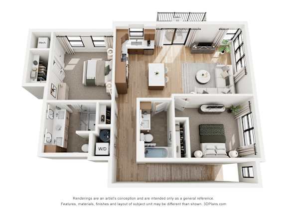 A 3D floor plan of a house with two bedrooms, a living room, a kitchen, and a bathroom.