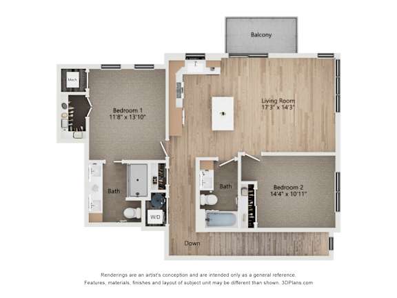 A floor plan of a two bedroom apartment with a living room and a balcony.