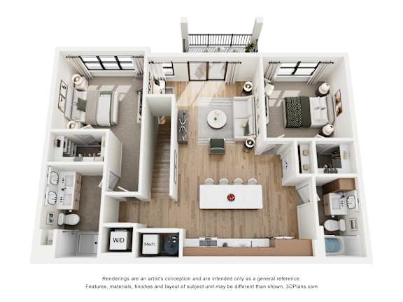 A 3D floor plan of a house with a kitchen, living room, and two bedrooms.