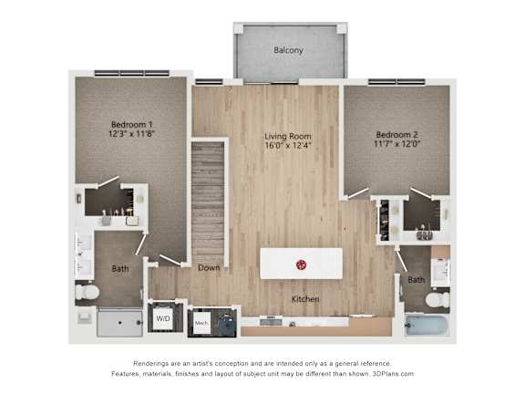 A floor plan of a house with two bedrooms, a living room, a kitchen, a bathroom, and a balcony.