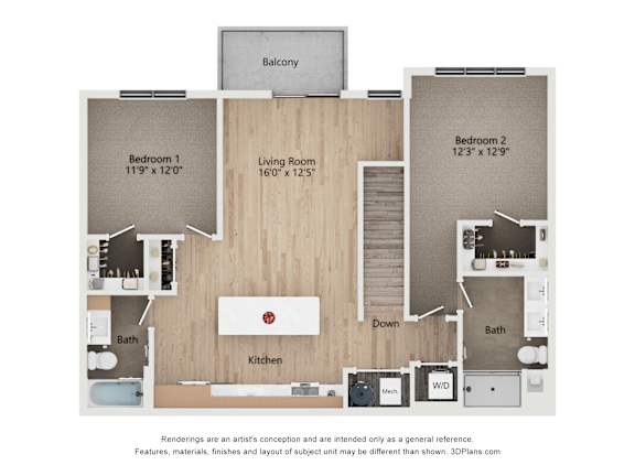 A floor plan of a two bedroom apartment with a living room, kitchen, and bath.