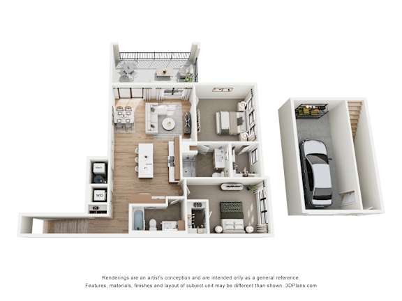 A 3D floor plan of a house with a kitchen, living room, and bedrooms.