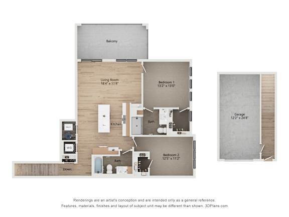 A floor plan of a house with a living room, two bedrooms, a kitchen, a bathroom, and a garage.