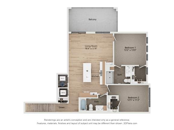 A floor plan of a two bedroom apartment with a living room, kitchen, and bathroom.