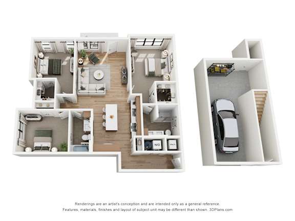 A 3D floor plan of a house with a kitchen, living room, bedrooms and bathrooms.
