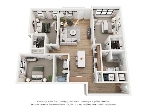 A 3D floor plan of a house with a kitchen, living room, and bathroom.