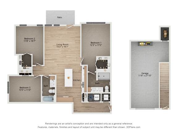 A floor plan of a house with three bedrooms, a living room, a kitchen, a bathroom, and a garage.