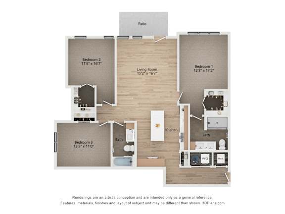 A floor plan of a house with three bedrooms, a living room, a kitchen, a bathroom, and a pantry.