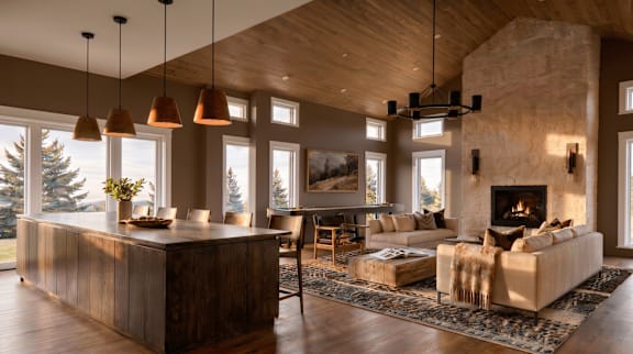A modern living room with a stone fireplace and a large wooden bar.