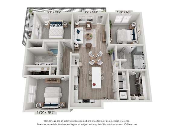 a 3 bedroom floor plan  503 square feet