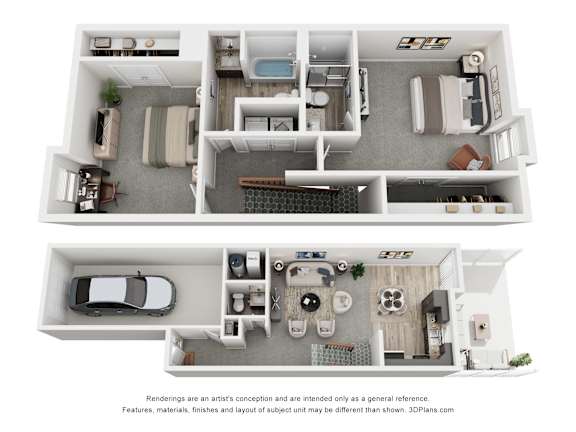 A 3D floor plan of a house with two bedrooms, a living room, a kitchen, a bathroom, and a garage.