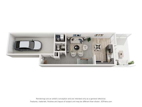 A 3D floor plan of a house with a kitchen, living room, and bathroom.