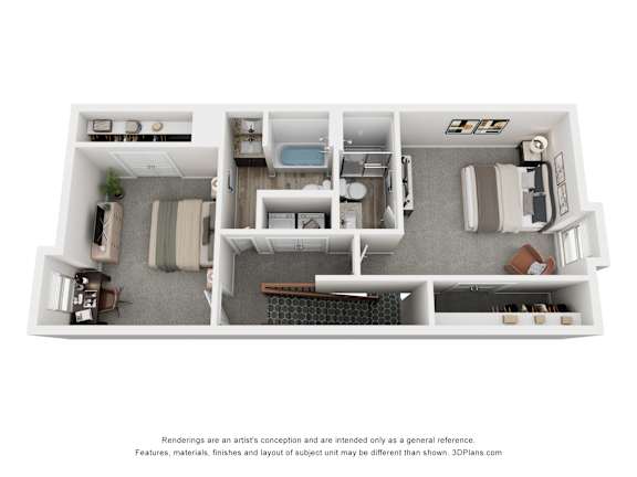A 3D floor plan of a small apartment with a kitchen, living room, and bathroom.