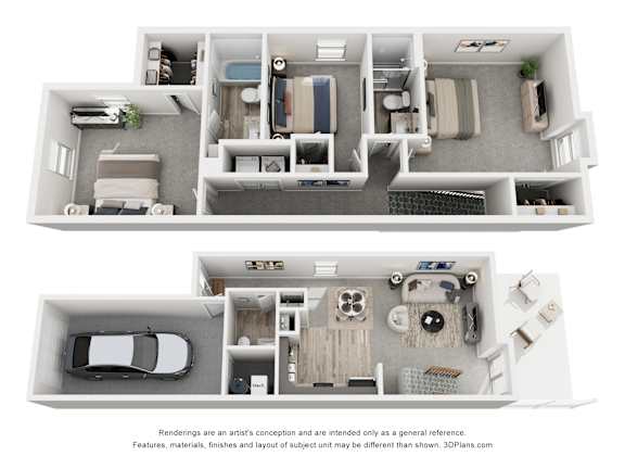 A 3D floor plan of a house with two bedrooms, a living room, a kitchen, and a garage.