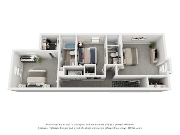 A 3D floor plan of a small apartment with a kitchen, living room, and bedroom.