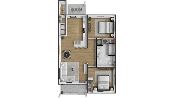 A top-down view of a house layout with a kitchen, living room, and bathroom.