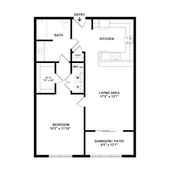 A floor plan of a home with a living area, bedroom, and bathroom.