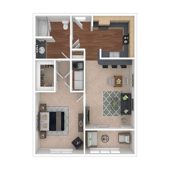 A floor plan of a house with a kitchen, living room, and bathroom.