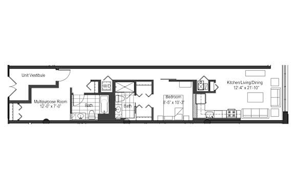 A floor plan of a unit with a kitchen, living room, dining room, and bathroom.