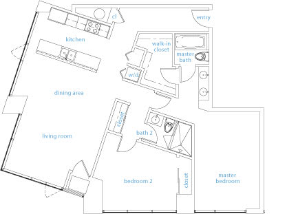 A floor plan of a house with a dining area, living room, kitchen, two bedrooms, a bathroom, and a walk-in closet.