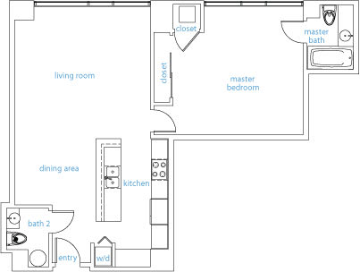 A floor plan of a house with a living room, dining area, kitchen, two bathrooms, a master bedroom, and a closet.