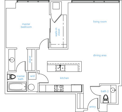 A floor plan of a house with a living room, dining area, kitchen, two bathrooms, a master bedroom and a walk-in closet.