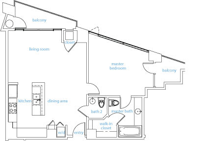 A drawing of a house layout with a living room, dining area, kitchen, two bathrooms, and two closets.