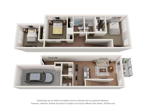 Floor Plan  A 3D floor plan of a house with two bedrooms, a living room, a kitchen, and a garage.