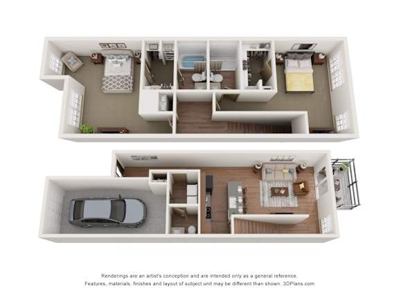 A 3D floor plan of a two-bedroom apartment with a living room, kitchen, and bathroom.