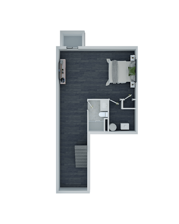 A top-down view of a room with a bed, desk, and chair.