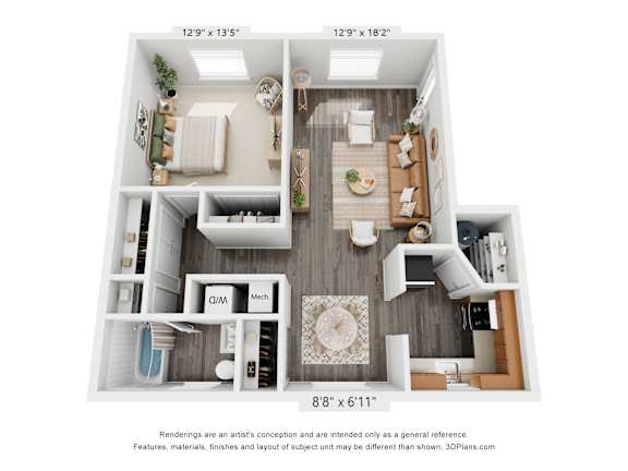 A 3D floor plan of a small apartment with a kitchen, living room, and bathroom.