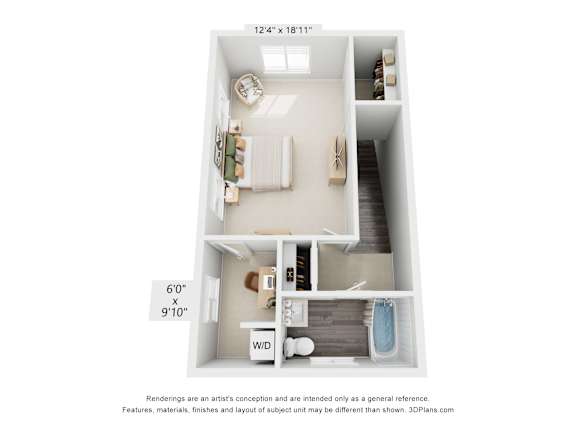 A floor plan of a small apartment with a kitchen, living room, and bathroom.
