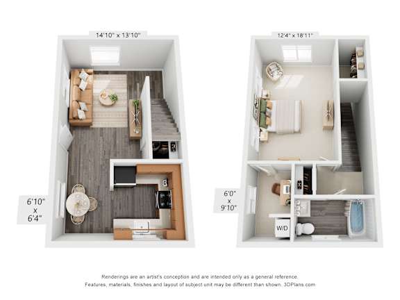 Two images of a room layout, one with a kitchen and the other with a living room.