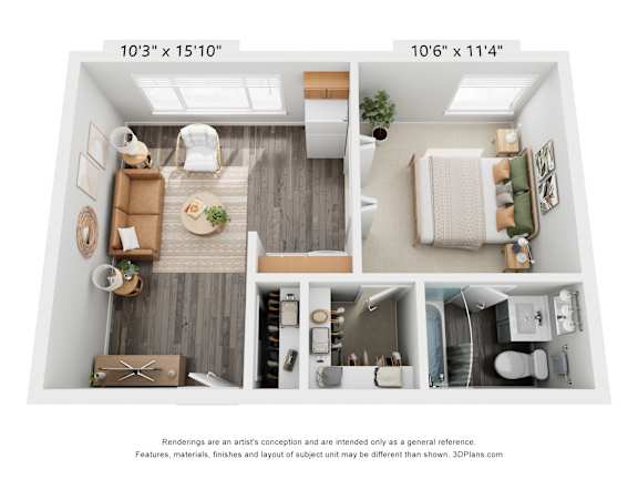 A floor plan of a small apartment with two bedrooms and a living area.