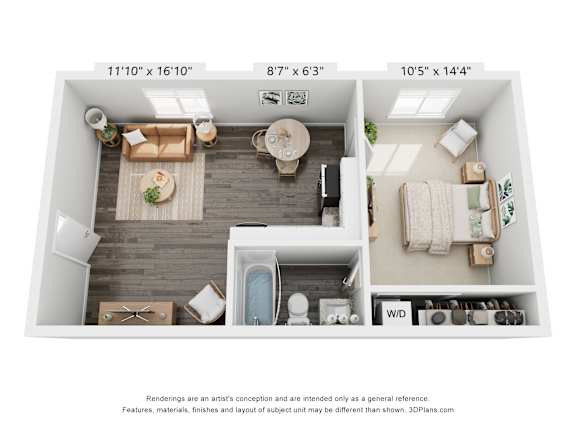 A 3D floor plan of a small apartment with a kitchen, living room, and bathroom.