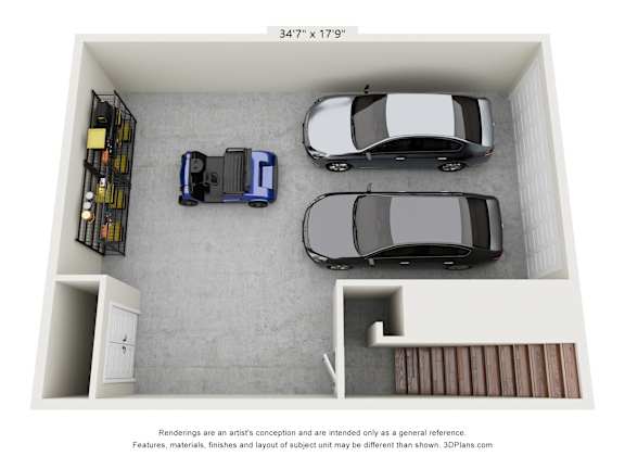A rendering of a parking garage with three cars parked in it.